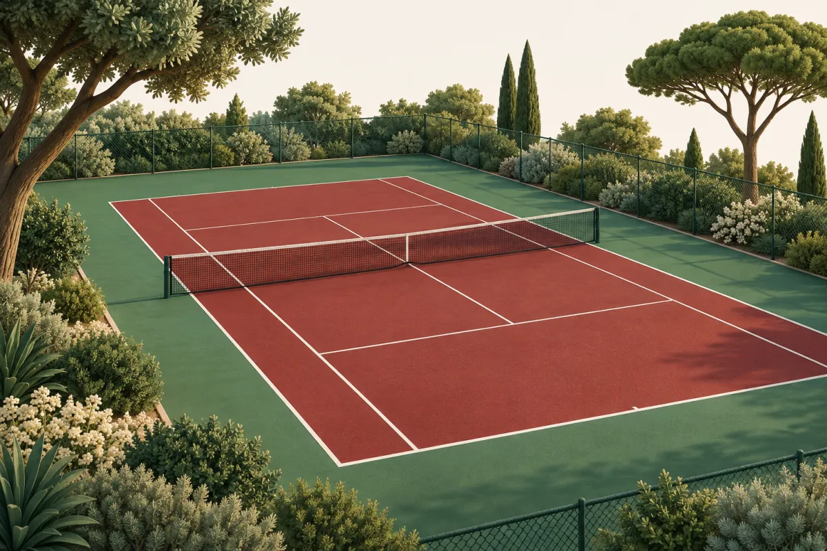 Illustration 2nd Service Illustration d’un court de tennis rouge avec des abords paysagers